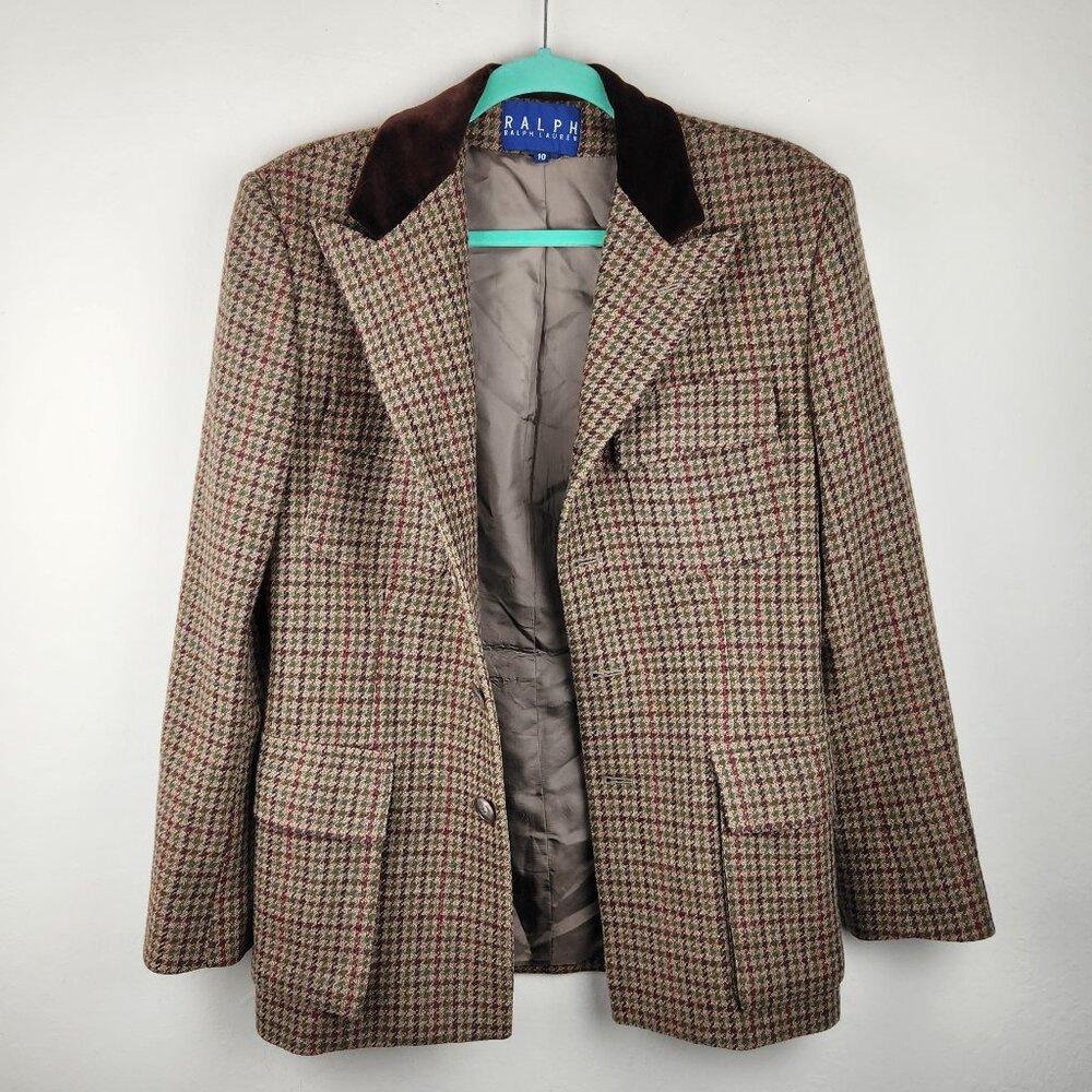 Vintage 90s Ralph Ralph Lauren Brown Houndstooth Wool Jacket Blazer sz 10 - Picture 2 of 12